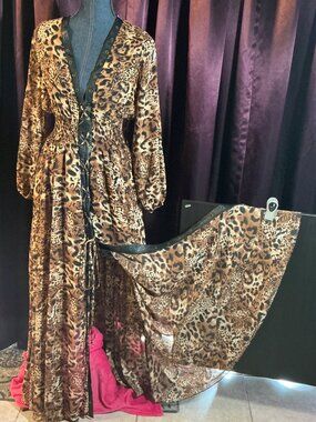 Black Leopard Lace up front Long Dress - NEW